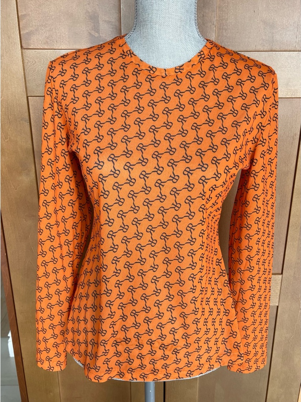 ROKH Women's Orange Crew Neck Long-Sleeve Knit Top with Black Logo Print, Large